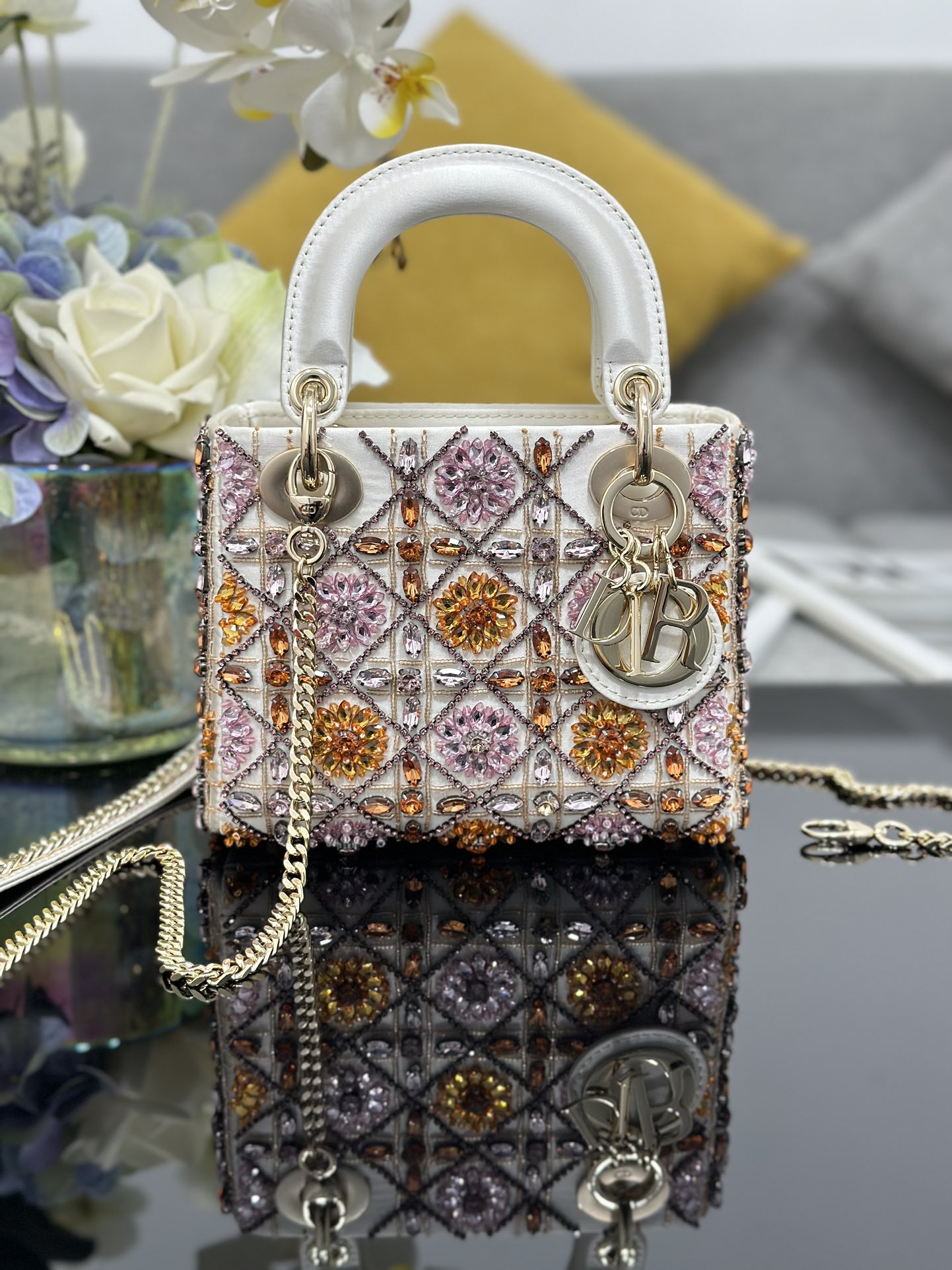 Mini Lady Dior Bag White Satin Embroidered with White Pink Diamond